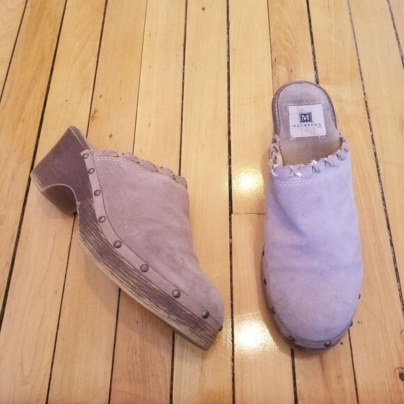 Vintage 90s y2k Maurices Tan Suede Leather Whipstitch Boho Western Clogs Mules - Picture 1 of 11